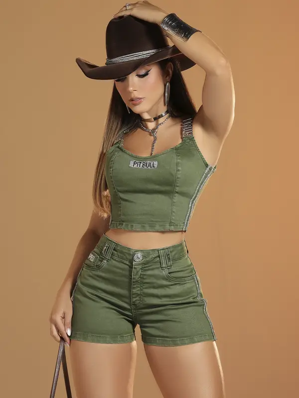 Cropped Feminino Verde Com Bojo Removível E Manta De Strass Pit Bull Jeans