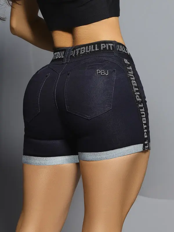 Short Jeans Azul Escuro com Cintura Alta e Detalhes Brilhantes Pit Bull Jeans Luxo