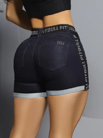 Short Jeans Azul Escuro com Cintura Alta e Detalhes Brilhantes Pit Bull Jeans Luxo