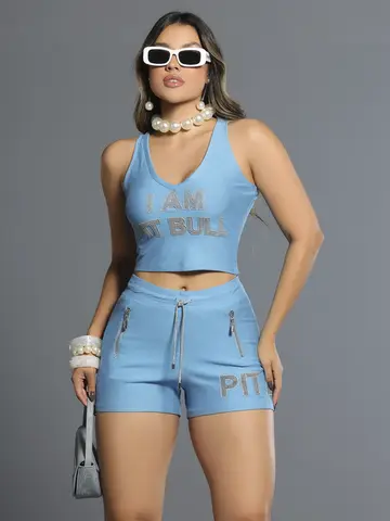 Short Azul com Escrita em Strass e Estampa Lateral Pit Bull Jeans Luxo