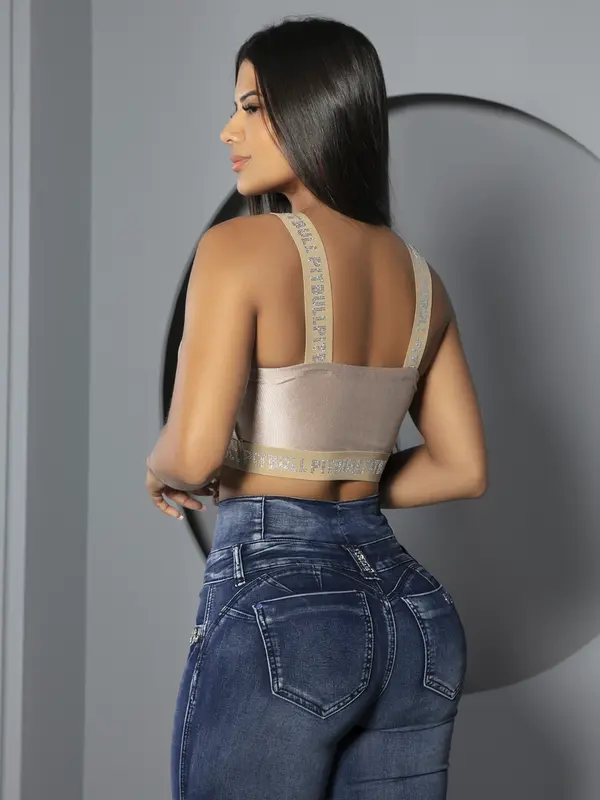 Top Bege Com Brilho E Elástico Personalizado Pit Bull Jeans