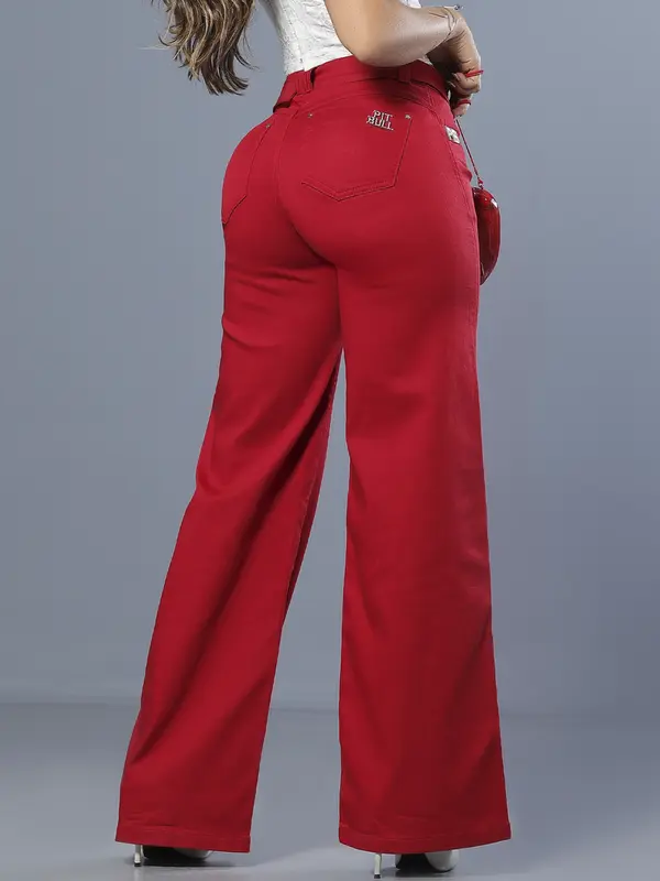 Calça Wide Leg Vermelha Elegante com Cinto Personalizado Pit Bull Jeans Luxo