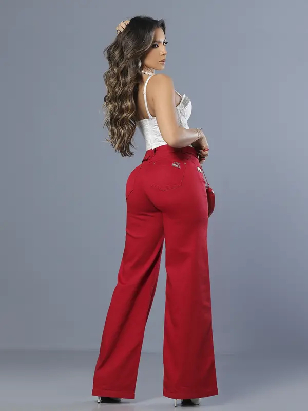 Calça Wide Leg Vermelha Elegante com Cinto Personalizado Pit Bull Jeans Luxo
