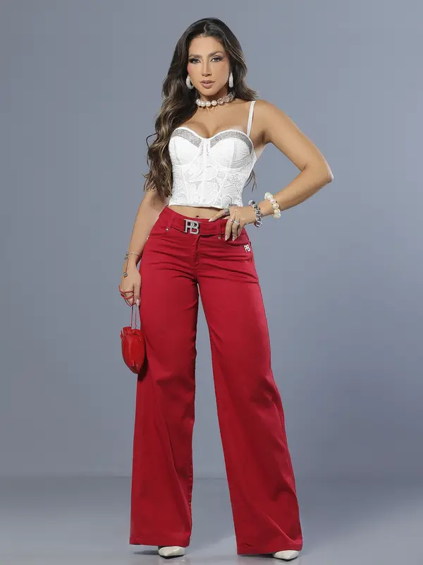 Calça Wide Leg Vermelha Elegante com Cinto Personalizado Pit Bull Jeans Luxo