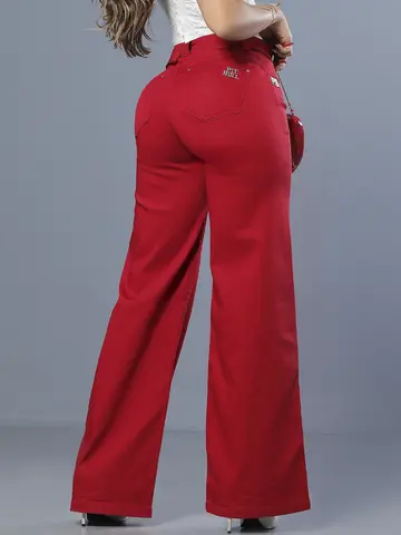 Calça Wide Leg Vermelha Elegante com Cinto Personalizado Pit Bull Jeans Luxo