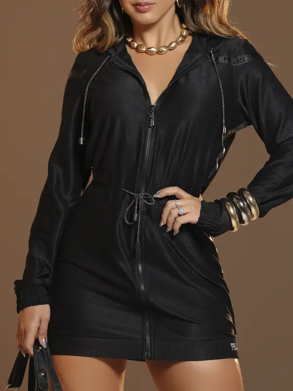 Vestido Parka Preto com Capuz e Strass Pit Bull Jeans Luxo