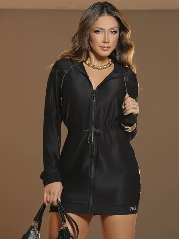 Vestido Parka Preto com Capuz e Strass Pit Bull Jeans Luxo