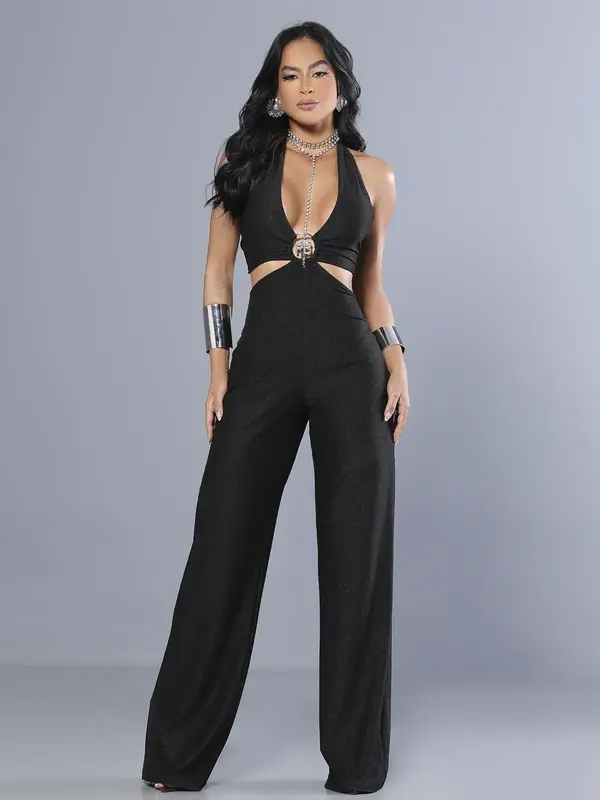 Macacão Preto com Decote e Short Interno Pit Bull Jeans Luxo