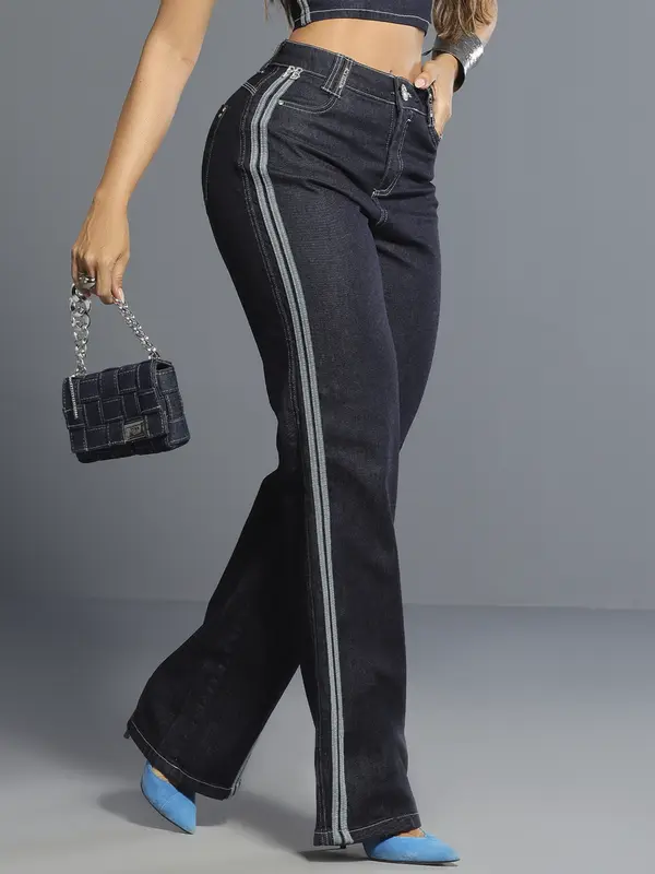 Calça Wide Leg Jeans Escuro com Detalhes Únicos Pit Bull Jeans Luxo