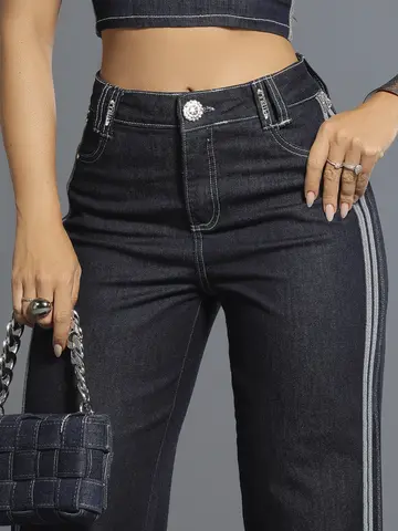 Calça Wide Leg Jeans Escuro com Detalhes Únicos Pit Bull Jeans Luxo