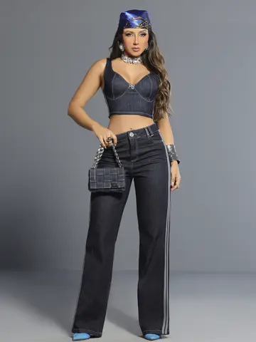 Calça Wide Leg Jeans Escuro com Detalhes Únicos Pit Bull Jeans Luxo