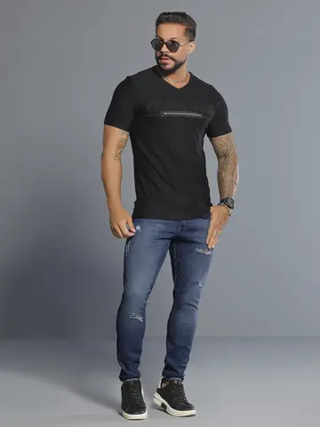 Calça Masculina Azul Marinho com Puídos e Patch Pit Bull Jeans Luxo