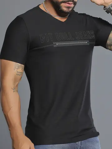 Camiseta Gola V Preta Estilosa com Bordado e Zíper Pit Bull Jeans Luxo