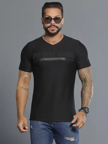 Camiseta Gola V Preta Estilosa com Bordado e Zíper Pit Bull Jeans Luxo