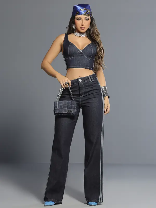 Top Cropped Jeans Escuro Estiloso com Zíper Traseiro Pit Bull Jeans Luxo