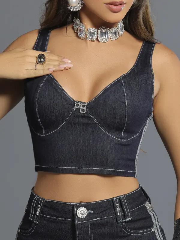 Top Cropped Jeans Escuro Estiloso com Zíper Traseiro Pit Bull Jeans Luxo