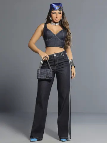 Top Cropped Jeans Escuro Estiloso com Zíper Traseiro Pit Bull Jeans Luxo
