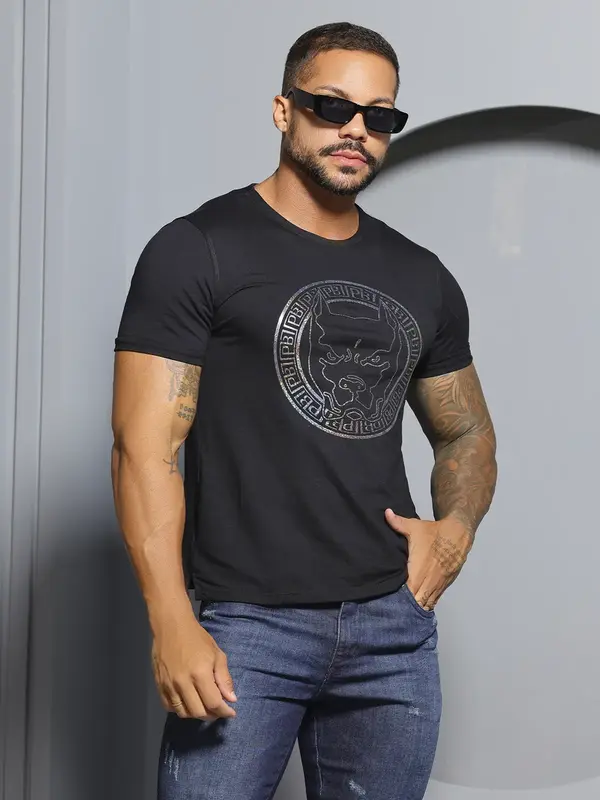 Camiseta Masculina Preta Gola O Estilosa Pit Bull Jeans Luxo