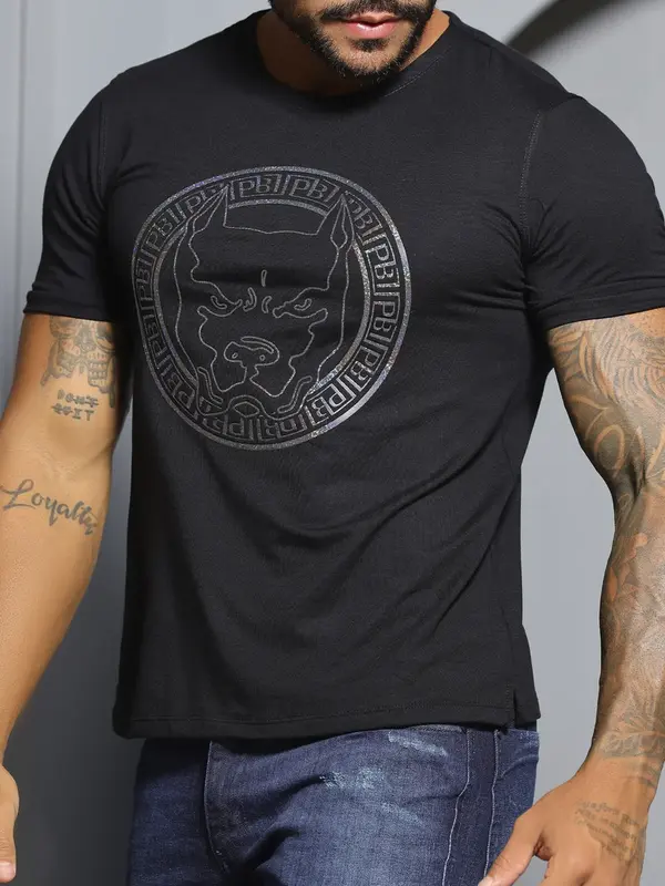 Camiseta Masculina Preta Gola O Estilosa Pit Bull Jeans Luxo