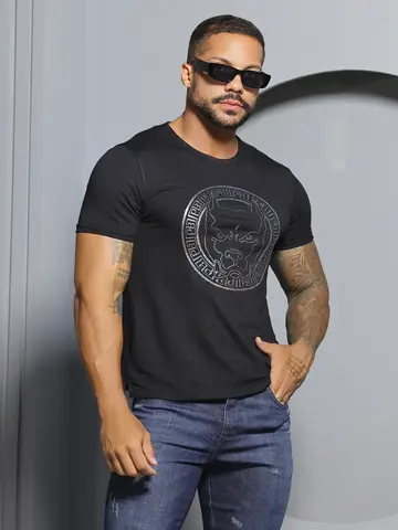 Camiseta Masculina Preta Gola O Estilosa Pit Bull Jeans Luxo