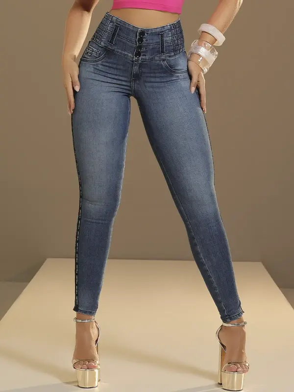 Calça Skinny Cós Largo com Modelagem Ajustada e Detalhe Lateral Pit Bull Jeans Luxo