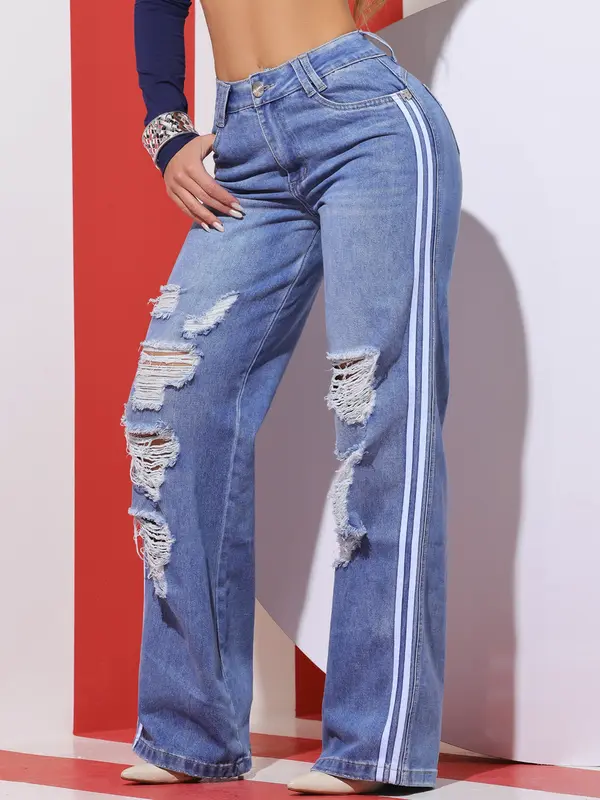 Calça Wide Leg Estilosa com Toque Destroyed e Lateral Personalizada Pit Bull Jeans Premium