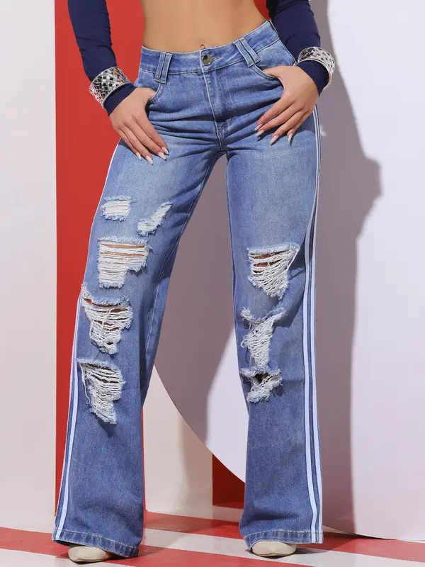 Calça Wide Leg Estilosa com Toque Destroyed e Lateral Personalizada Pit Bull Jeans Premium
