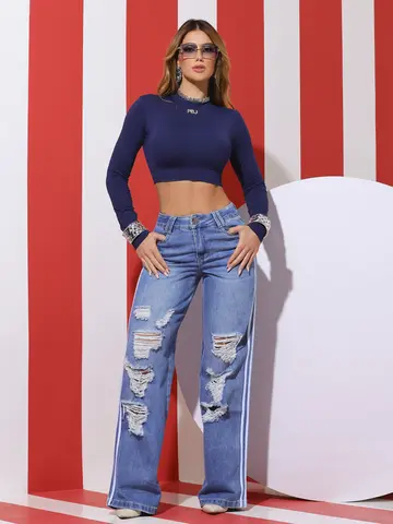 Calça Wide Leg Estilosa com Toque Destroyed e Lateral Personalizada Pit Bull Jeans Premium