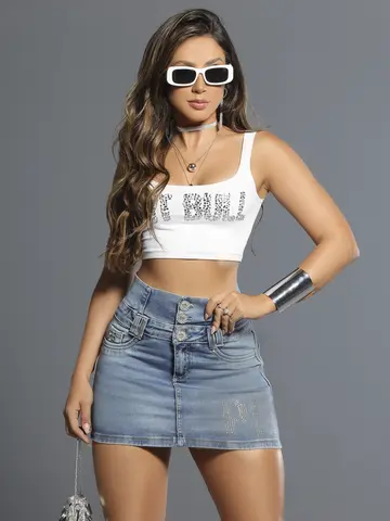 Minissaia Cintura Perfeita Estilosa e Casual com Detalhes Sextavado Pit Bull Jeans