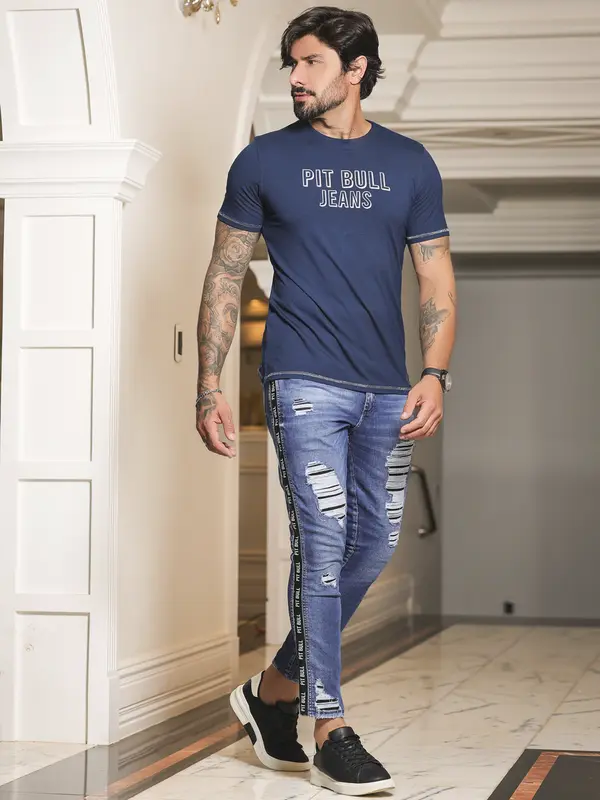 Calça Masculina Estilosa com Efeito Destroyed e Elástico Lateral Pit Bull Jeans Luxo