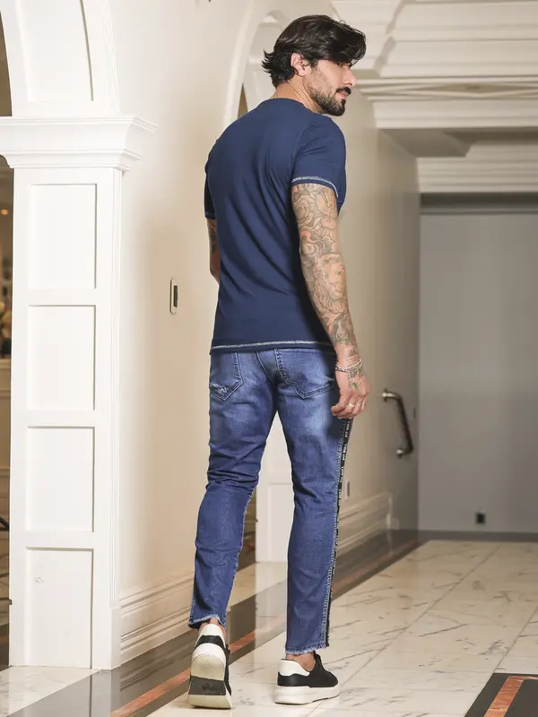Calça Masculina Estilosa com Efeito Destroyed e Elástico Lateral Pit Bull Jeans Luxo