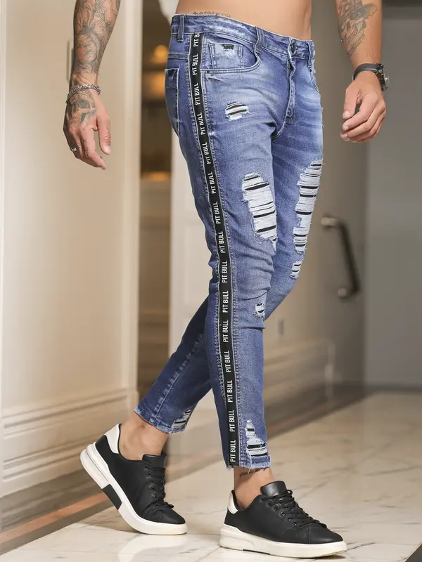 Calça Masculina Estilosa com Efeito Destroyed e Elástico Lateral Pit Bull Jeans Luxo