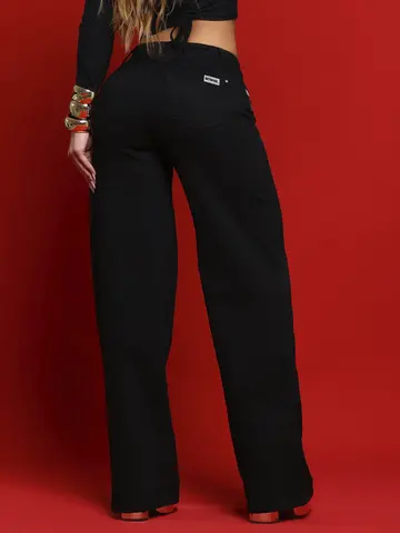 Calça Wide Leg Preta Estilosa e Confortável com Lateral Personalizada Pit Bull Jeans