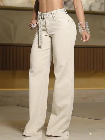 Calça Wide Leg Collor Sofisticada e Elegante com Cinto Personalizado Pit Bull Jeans