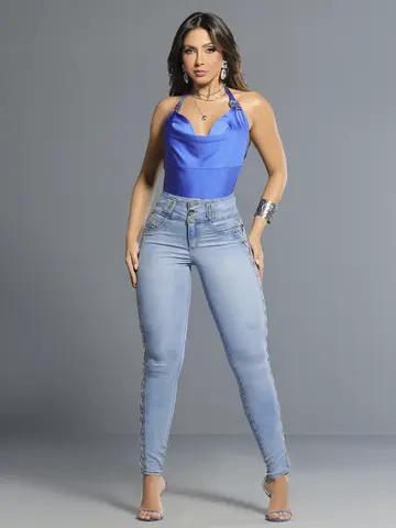 Calça Skinny Azul Claro com Cós Largo e Ilhóses Laterais Pit Bull Luxo