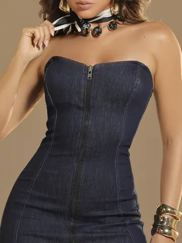 Vestido Midi Jeans Escuro com Zíper Pit Bull Jeans