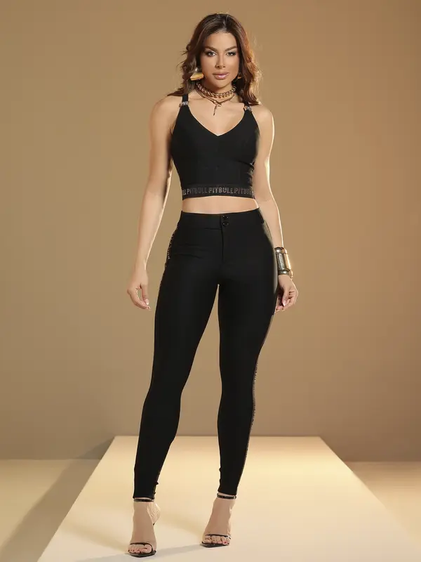 Cropped Preto Sofisticado com Alças e Elástico Personalizado Pit Bull Jeans Luxo