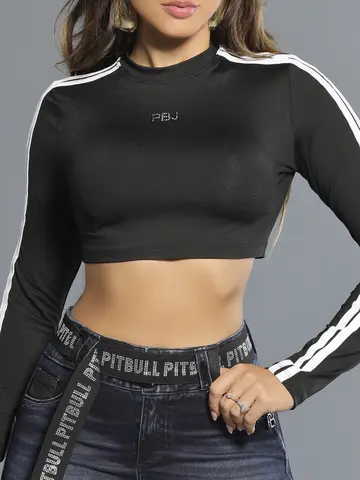 Cropped Manga Longa Preto Sofisticado com Lateral Personalizada Pit Bull Jeans