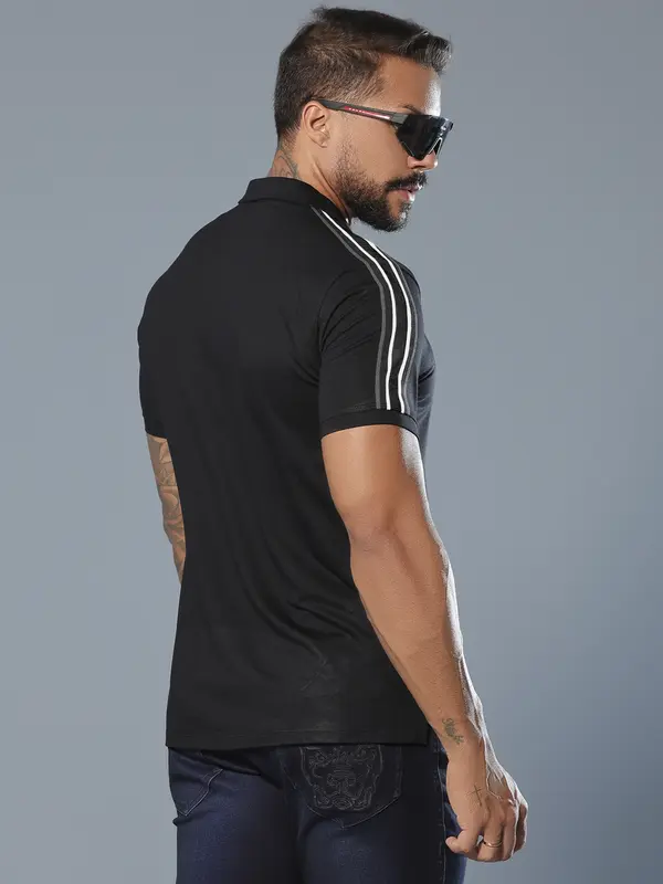 Polo Masculina Preta Elegante e Casual com Elástico nas Mangas Pit Bull Jeans Luxo