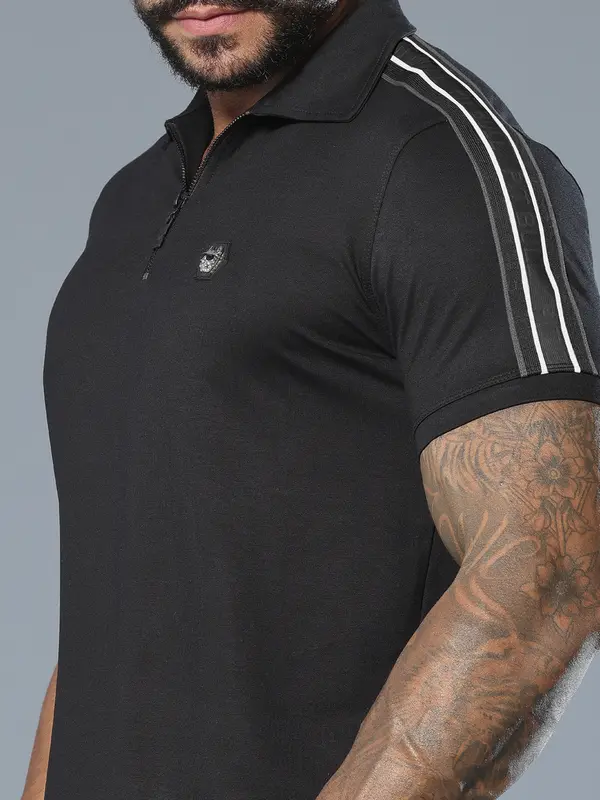 Polo Masculina Preta Elegante e Casual com Elástico nas Mangas Pit Bull Jeans Luxo