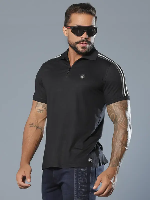Polo Masculina Preta Elegante e Casual com Elástico nas Mangas Pit Bull Jeans Luxo