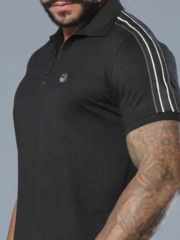 Polo Masculina Preta Elegante e Casual com Elástico nas Mangas Pit Bull Jeans Luxo