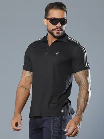 Polo Masculina Preta Elegante e Casual com Elástico nas Mangas Pit Bull Jeans Luxo