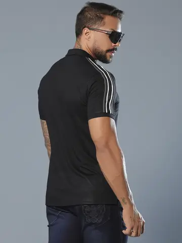 Polo Masculina Preta Elegante e Casual com Elástico nas Mangas Pit Bull Jeans Luxo