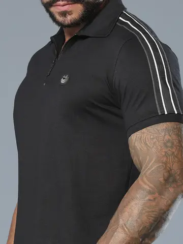 Polo Masculina Preta Elegante e Casual com Elástico nas Mangas Pit Bull Jeans Luxo