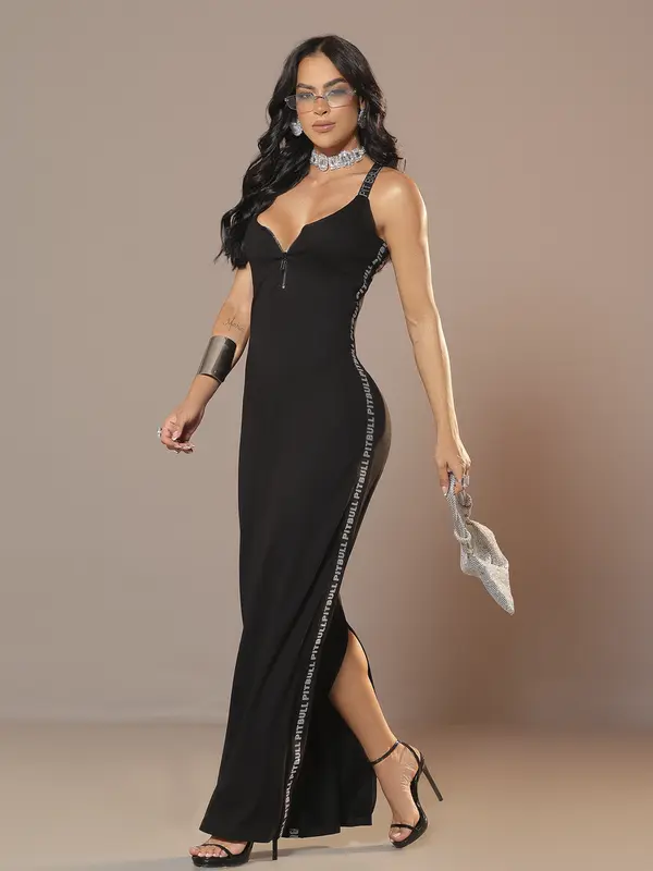 Vestido Longo Preto Elegante com Fenda nas Costas e Elástico Personalizado Pit Bull Jeans