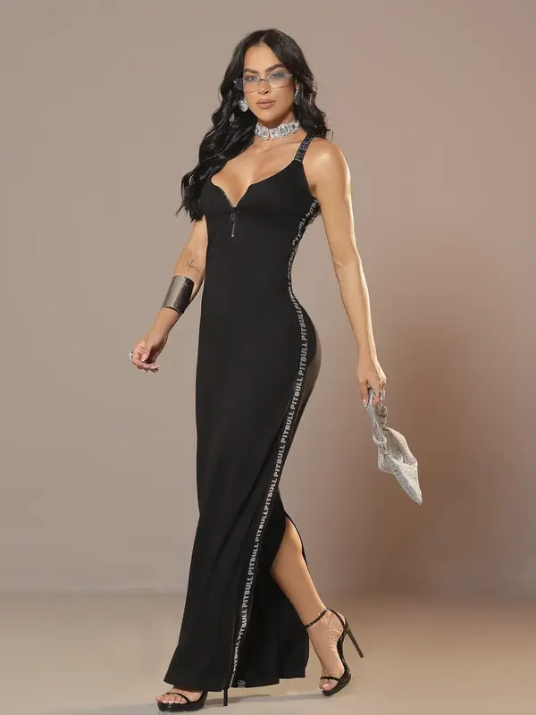 Vestido Longo Preto Elegante com Fenda nas Costas e Elástico Personalizado Pit Bull Jeans