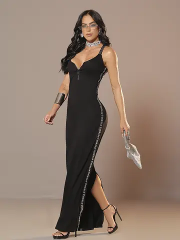 Vestido Longo Preto Elegante com Fenda nas Costas e Elástico Personalizado Pit Bull Jeans