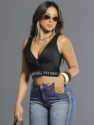 Cropped Preto Confortável e Estiloso com Elástico Personalizado Pit Bull Jeans Luxo