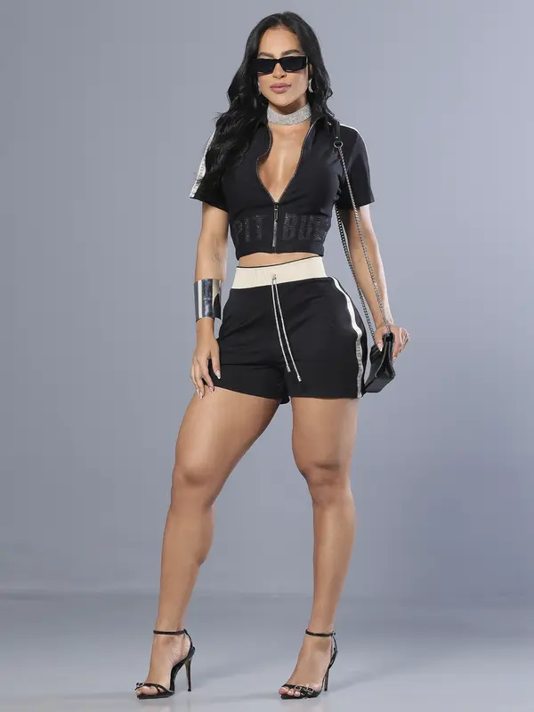 Short Feminino Estiloso com Lateral Personalizada e Cordão de Strass Pit Bull Jeans Luxo